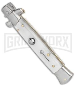 SKM 9" Italian Stiletto White Pearlex Automatic Knife - Satin Bayonet -Kershaw Sale Store SKM AB 9in Italian Stiletto Auto White Pearlex Satin Bayonet BHQ 51164 er spine large