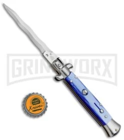 SKM/AB 9" Blue Pearlex Automatic Stiletto Knife - Satin Kris -Kershaw Sale Store SKM AB 9in Italian Stiletto Pearlex Blue Kriss BP 3317 jr bottlecap large 1
