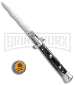 SKM AB 9" Italian Stiletto Black Acrylic Automatic Knife - Kris Satin Plain -Kershaw Sale Store SKM AB 9in Italian stiletto kriss buffalo horn satin BHQ 74903 er bottlecap large