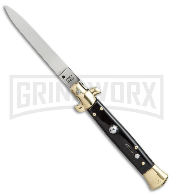 SKM 9" Italian Stiletto Dark Horn Brass Automatic Knife - Flat 1 SKM 9" Italian Stiletto Dark Horn Brass Automatic Knife - Flat
