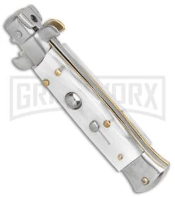 SKM 5.5" Italian Stiletto White Pearlex Automatic Knife - Bayonet -Kershaw Sale Store SKM AB Italian Stiletto White Pearlex Auto Bayo GX 31315 er spine large