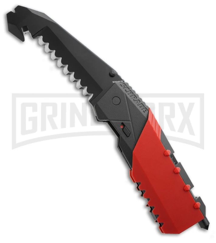 Schrade Red Rescue Tool MAGIC Spring Assisted Knife - Black Serr 1 Schrade Red Rescue Tool MAGIC Spring Assisted Knife - Black Serr