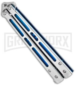 Silver/Blue Inlay Balisong Butterfly Knife - Satin Plain -Kershaw Sale Store Silver Blue Inlay Balisong Satin GX 37631 jr spine large