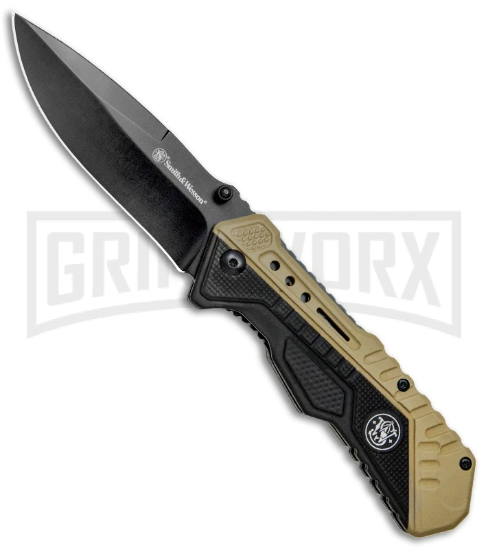 Smith & Wesson 1084302 Black & Tan Spring Assisted Knife - Black Plain 1 Smith & Wesson 1084302 Black & Tan Spring Assisted Knife - Black Plain