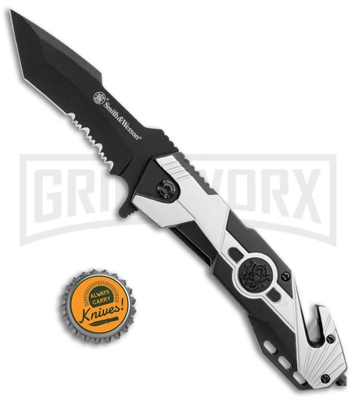 S&W Black & Silver Aluminum Liner Lock Knife - Black Partially Serr Blade 2 S&W Black & Silver Aluminum Liner Lock Knife - Black Partially Serr Blade - Image 2