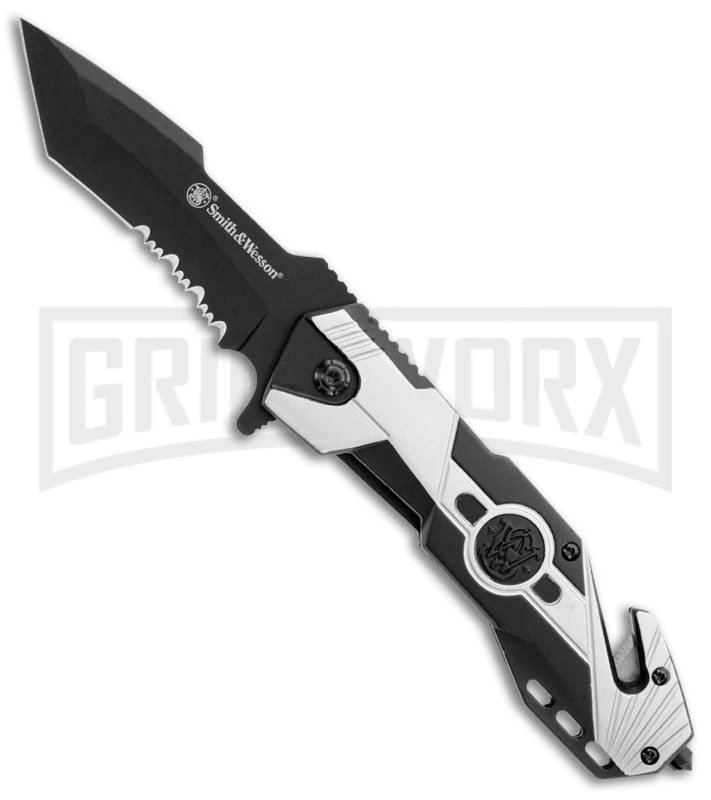S&W Black & Silver Aluminum Liner Lock Knife - Black Partially Serr Blade 1 S&W Black & Silver Aluminum Liner Lock Knife - Black Partially Serr Blade