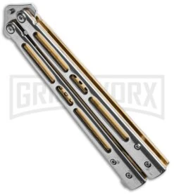 Boss Butterfly Knife Stainless Steel Gold Liners - Gray Plain -Kershaw Sale Store Stainless Steel With Gold Ilay Balisong Butterfly Knife GX 37609 td side large