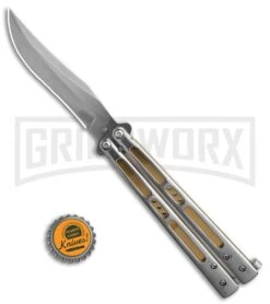 Boss Butterfly Knife Stainless Steel Gold Liners - Gray Plain -Kershaw Sale Store Stainless Steel With Gold Ilay Balisong Butterfly Knife GX 37609 td size large