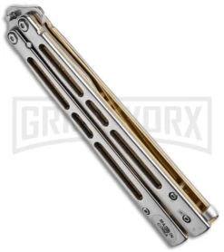 Boss Butterfly Knife Stainless Steel Gold Liners - Gray Plain -Kershaw Sale Store Stainless Steel With Gold Ilay Balisong Butterfly Knife GX 37609 td spine large