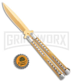 Swift Gold Balisong Titanium Coated Butterfly Knife - Gold -Kershaw Sale Store Swift Gold Balisong Ti Coated Butterfly Gold GX 39695 jr bottlecap large