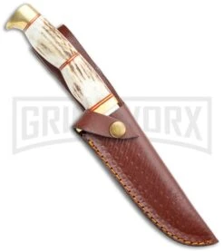 Tallen Steel Wolf Stag Antler Fixed Blade Knife - Satin Plain -Kershaw Sale Store Tallen Steel Wolf Stag Antler Satin PA3318 GX 28629 jr sheath large