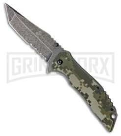 USMC Bloodhound Green Camo G-10 Spring Assisted Knife - Black Stonewash Serr