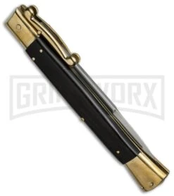 AGA Campolin 13" Stiletto Brass Swinguard Ebony Wood Automatic Knife - Bayonet -Kershaw Sale Store aga 13in swing brass ebony bayo side cm large