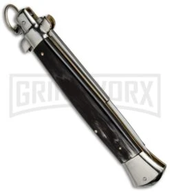 A.G.A. Campolin 15" Italian Stiletto Dark Horn Ring Pull Automatic Knife - Bayo -Kershaw Sale Store aga campolin stilleto 15in dark horn bayo pull ring BP 5028 dl side large