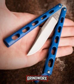 Bear And Son Knives 114 Blue Balisong Butterfly Knife - Satin Plain 4TH18 -Kershaw Sale Store bear and son butterfly knife blue zinc bp large