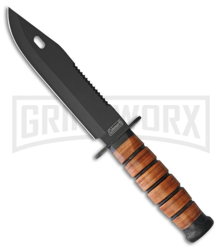 Coleman Ringleader Brown Stacked Leather Fixed Blade Knife - Black Plain 1 Coleman Ringleader Brown Stacked Leather Fixed Blade Knife - Black Plain