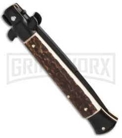 Frank B. 9" Italian Stiletto Stag Tactical Automatic Knife - Black Bayonet -Kershaw Sale Store fb 9 stag tactical bayo side jm large