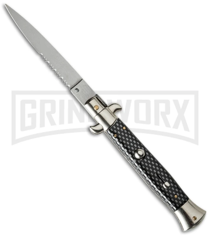 Frank B 9" Sim Carbon Fiber Handle Satin Blade - Flat Serr 1 Frank B 9" Sim Carbon Fiber Handle Satin Blade - Flat Serr