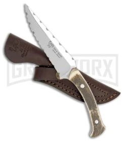 Frost Cutlery Hen & Rooster Ridged Stag Fixed Blade Knife - Mirror Full Serr