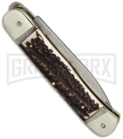 Hubertus 7.75" Large Lever Lock Stag Horn Automatic Knife - Satin Plain -Kershaw Sale Store hubertus large lever stag drop point side cm large