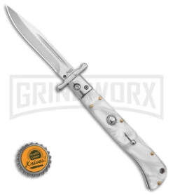 Italian Style 9" Roma White Acrylic Automatic Swinguard - Polished Plain -Kershaw Sale Store italian Style 9in Roma Drop Point Auto Swinguard White Acrylic 3in Polished BHQ 175952 td size large