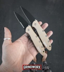 Kershaw Leek Desert Sand Assisted Opening Knife - Bead Blast Plain -Kershaw Sale Store kershaw leek dessert tan black plain BHQ 49608 serr BHQ 49609 dl large