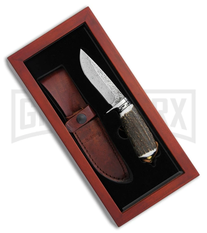 Schrade Elk Hunter Stag Fixed Blade Knife - Damascus Plain 1 Schrade Elk Hunter Stag Fixed Blade Knife - Damascus Plain