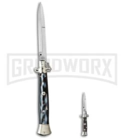 SKM 4.5" Italian Mini Stiletto Dark Horn Automatic Knife - Satin Kris -Kershaw Sale Store skm 4in stiletto dark horn bayo size cm large