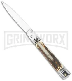 SKM 7.75" Slimline Lever Lock Stag Handle Automatic Knife