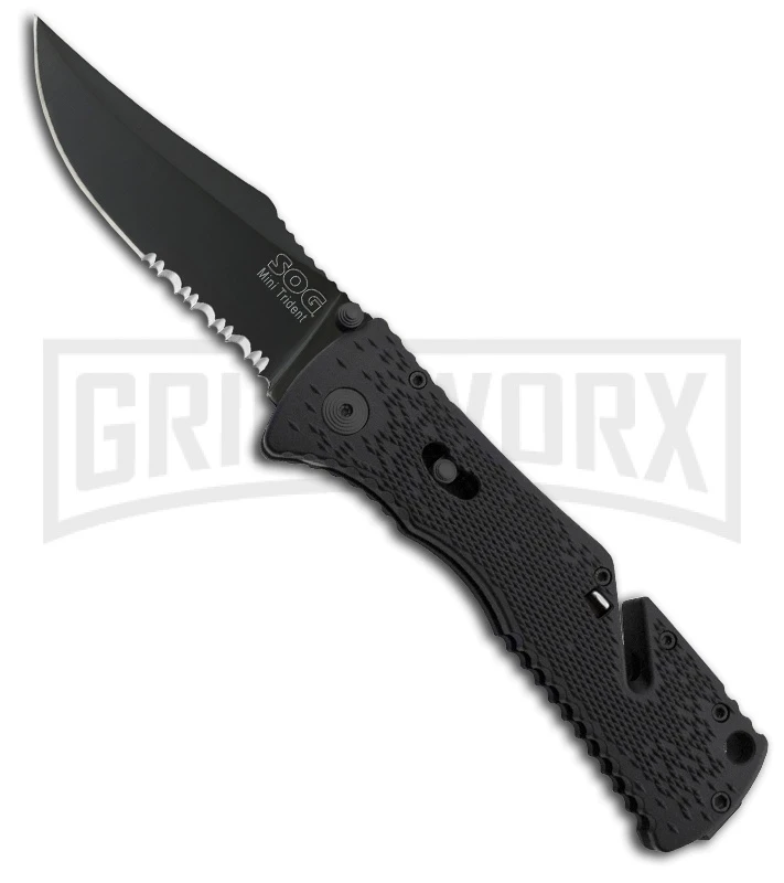 SOG Trident Mini Black Spring Assisted Knife - Black Serr 1 SOG Trident Mini Black Spring Assisted Knife - Black Serr