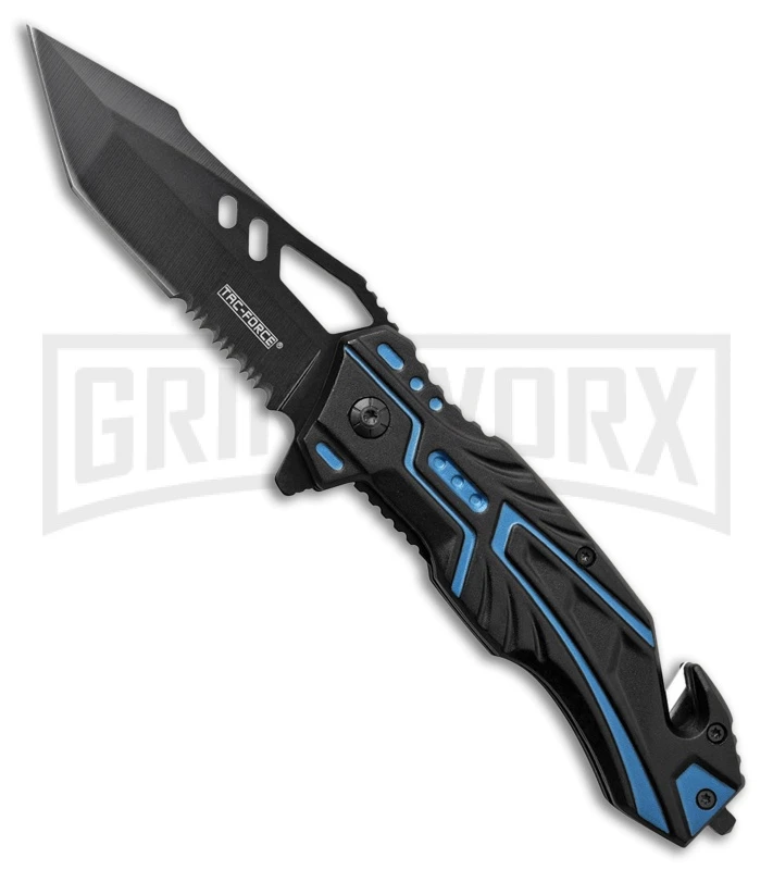 Tac-Force Edge Blue Aluminum Spring Assisted Knife - Black Serr 1 Tac-Force Edge Blue Aluminum Spring Assisted Knife - Black Serr