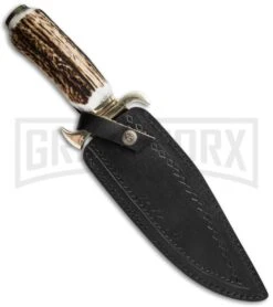 Tallen Damascus Bowie #4 Stag Horn Fixed Blade Knife - Damascus Plain -Kershaw Sale Store tallen damascus fixed bowie 4 sheath large