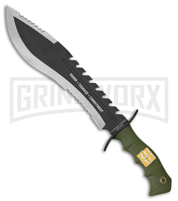 United Cutlery USMC Honor OD Green Rubber Fixed Blade Machete Knife - Two-Tone Serr 1 United Cutlery USMC Honor OD Green Rubber Fixed Blade Machete Knife - Two-Tone Serr